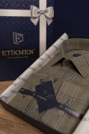Haki Çizgili Slimfit Oduncu Erkek Gömlek