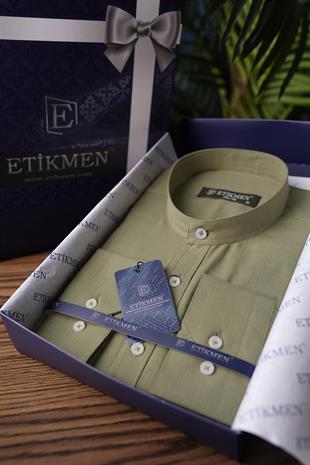 Haki Hakim Yaka Keten Üç Düğmeli Erkek Gömlek