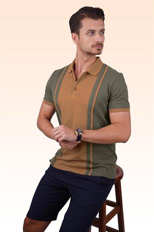 Haki Taba Çift Renkli Erkek Polo Yaka Tişört