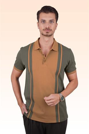 Haki Taba Çift Renkli Erkek Polo Yaka Tişört