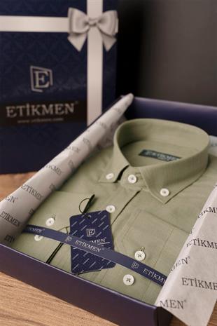 Haki Yaka Düğmeli Keten Slimfit Erkek Gömlek
