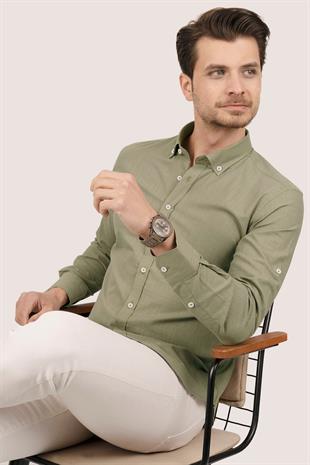 Haki Yaka Düğmeli Keten Slimfit Erkek Gömlek