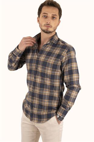 Hardal Lacivert Slimfit Oduncu Erkek Gömlek