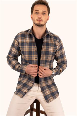 Hardal Lacivert Slimfit Oduncu Erkek Gömlek