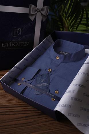 İndigo Hakim Yaka Keten Üç Düğmeli Erkek Gömlek
