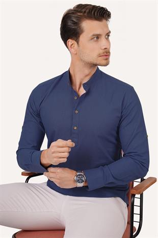 İndigo Hakim Yaka Keten Üç Düğmeli Erkek Gömlek