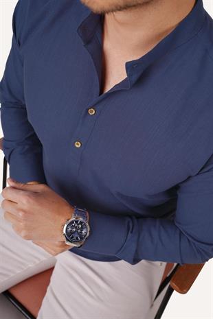 İndigo Hakim Yaka Keten Üç Düğmeli Erkek Gömlek