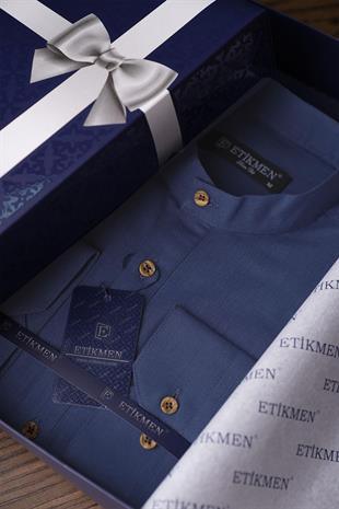 İndigo Hakim Yaka Keten Üç Düğmeli Erkek Gömlek