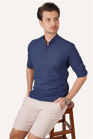 İndigo Hakim Yaka Keten Üç Düğmeli Erkek Gömlek