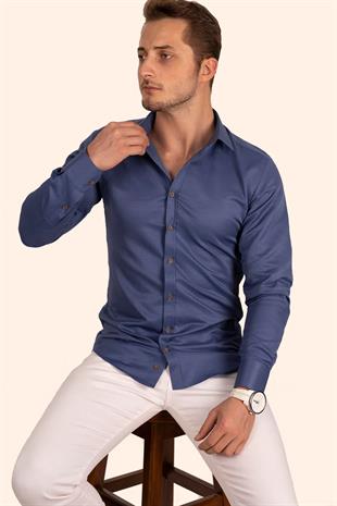 indigo Kahve Düğmeli Slimfit Erkek Gömlek