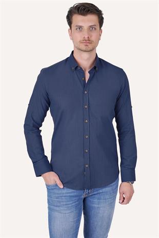 indigo Yaka Düğmeli Keten Slimfit Erkek Gömlek