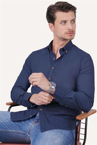 indigo Yaka Düğmeli Keten Slimfit Erkek Gömlek