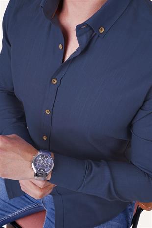 indigo Yaka Düğmeli Keten Slimfit Erkek Gömlek