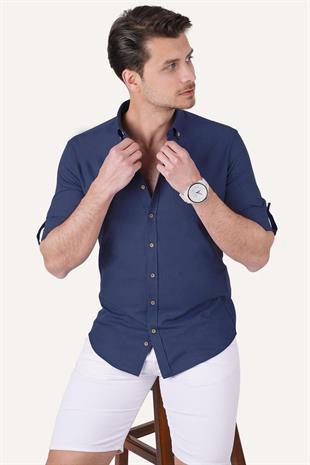 indigo Yaka Düğmeli Keten Slimfit Erkek Gömlek