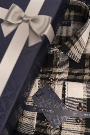 Kahve Beyaz Slimfit Oduncu Erkek Gömlek