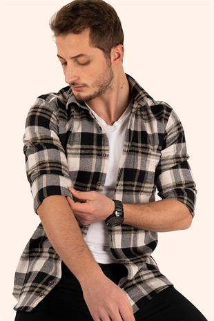 Kahve Beyaz Slimfit Oduncu Erkek Gömlek