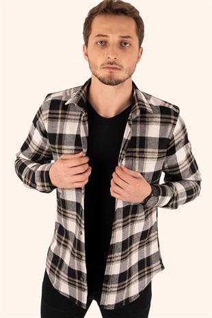 Kahve Beyaz Slimfit Oduncu Erkek Gömlek