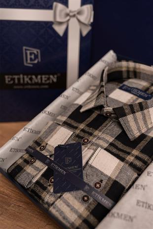 Kahve Beyaz Slimfit Oduncu Erkek Gömlek