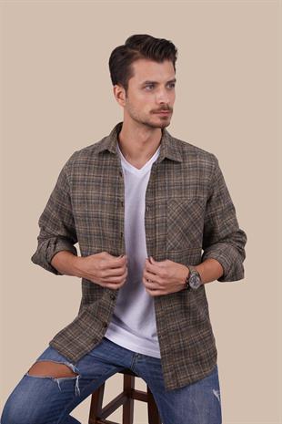 Kahverengi Hasır Desenli Oversize Oduncu Erkek Gömlek