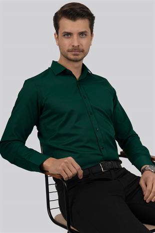 Kına Yeşili Kare Düğmeli Slimfit Erkek Gömlek