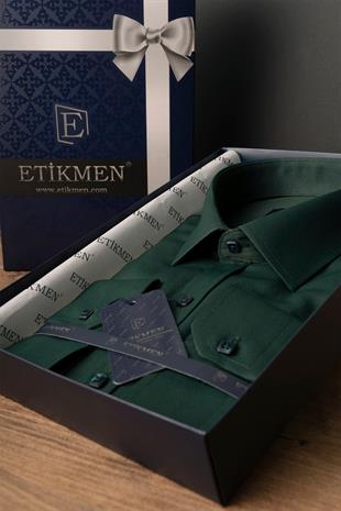 Kına Yeşili Kare Düğmeli Slimfit Erkek Gömlek