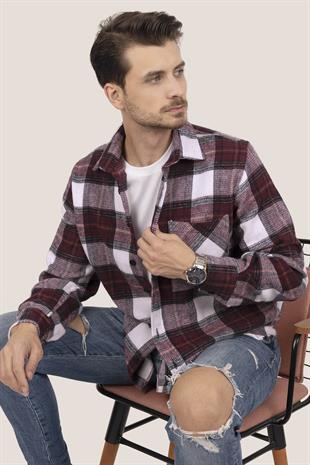Kiraz Beyaz Geçişli Oversize Oduncu Erkek Gömlek