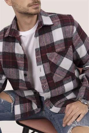 Kiraz Beyaz Geçişli Oversize Oduncu Erkek Gömlek