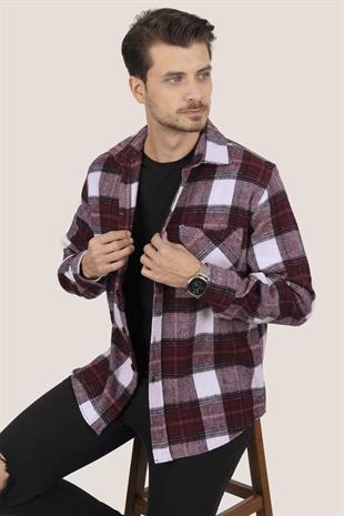 Kiraz Beyaz Geçişli Oversize Oduncu Erkek Gömlek