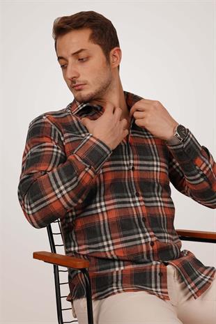 Kiremit Çizgili Slimfit Oduncu Erkek Gömlek