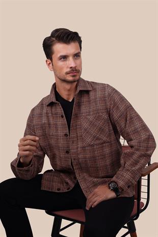 Kiremit Hasır Desenli Oversize Oduncu Erkek Gömlek