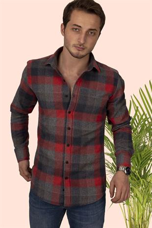 Kırmızı Gri Dama Desenli Slimfit Oduncu Erkek Gömlek