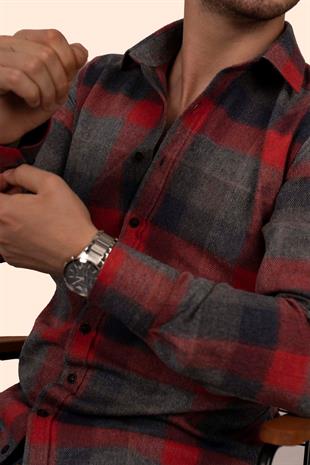 Kırmızı Gri Dama Desenli Slimfit Oduncu Erkek Gömlek