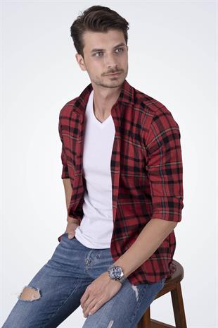 Kırmızı Mavi Çizgili Slimfit Oduncu Erkek Gömlek