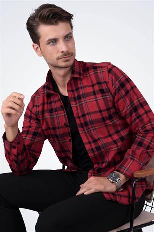Kırmızı Mavi Çizgili Slimfit Oduncu Erkek Gömlek