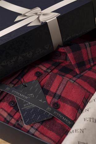 Kırmızı Mavi Çizgili Slimfit Oduncu Erkek Gömlek