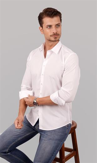 Kolay Ütülenebilir Beyaz Dakron Erkek Gömlek