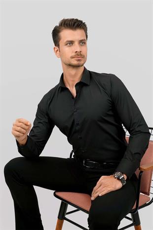 Kolay Ütülenebilir Siyah Dakron Erkek Gömlek