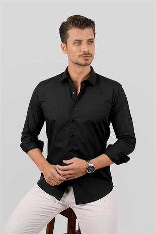 Kolay Ütülenebilir Siyah Dakron Erkek Gömlek