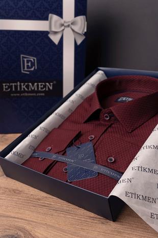Koyu Bordo Baklava Desen Slimfit Erkek Gömlek