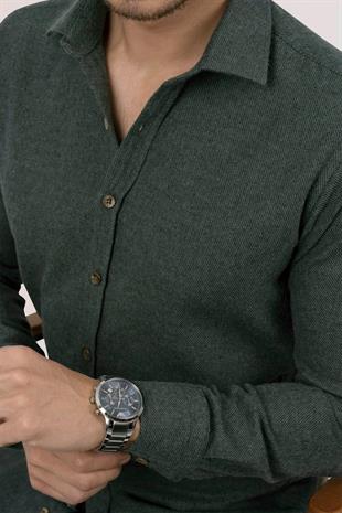 Koyu Yeşil Düz Slimfit Oduncu Erkek Gömlek