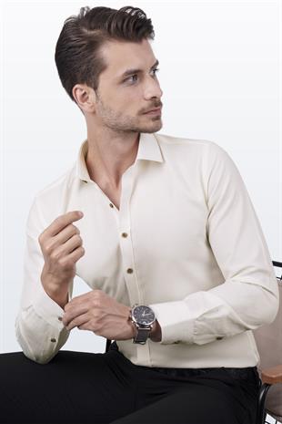 Krem Baklava Desen Slimfit Erkek Gömlek