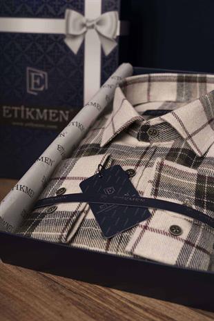 Krem Yeşil Desenli Slimfit Oduncu Erkek Gömlek