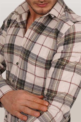 Krem Yeşil Desenli Slimfit Oduncu Erkek Gömlek