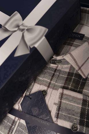 Krem Yeşil Desenli Slimfit Oduncu Erkek Gömlek