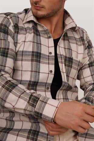 Krem Yeşil Desenli Slimfit Oduncu Erkek Gömlek