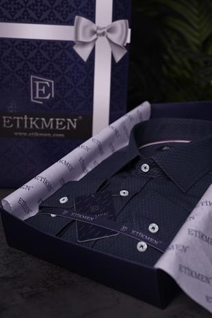 Lacivert Baklava Desen Slimfit Erkek Gömlek