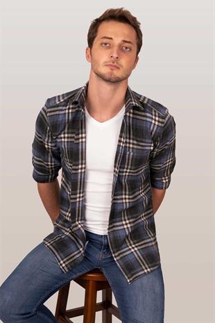 Lacivert Beyaz Slimfit Oduncu Erkek Gömlek