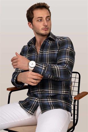 Lacivert Beyaz Slimfit Oduncu Erkek Gömlek