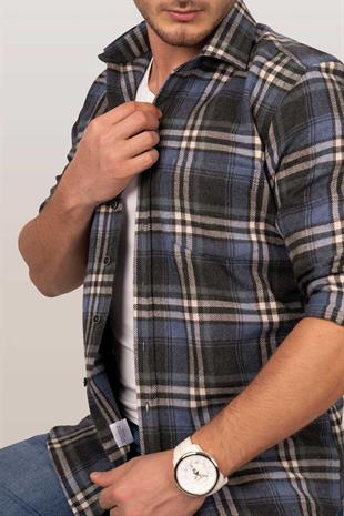 Lacivert Beyaz Slimfit Oduncu Erkek Gömlek