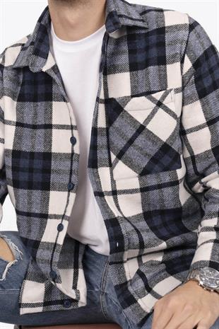 Lacivert Beyaz Geçişli Oversize Oduncu Erkek Gömlek